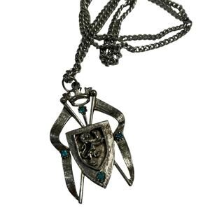 Vtg heraldic lion crest pendant coat of arms blue rhinestones silver chain